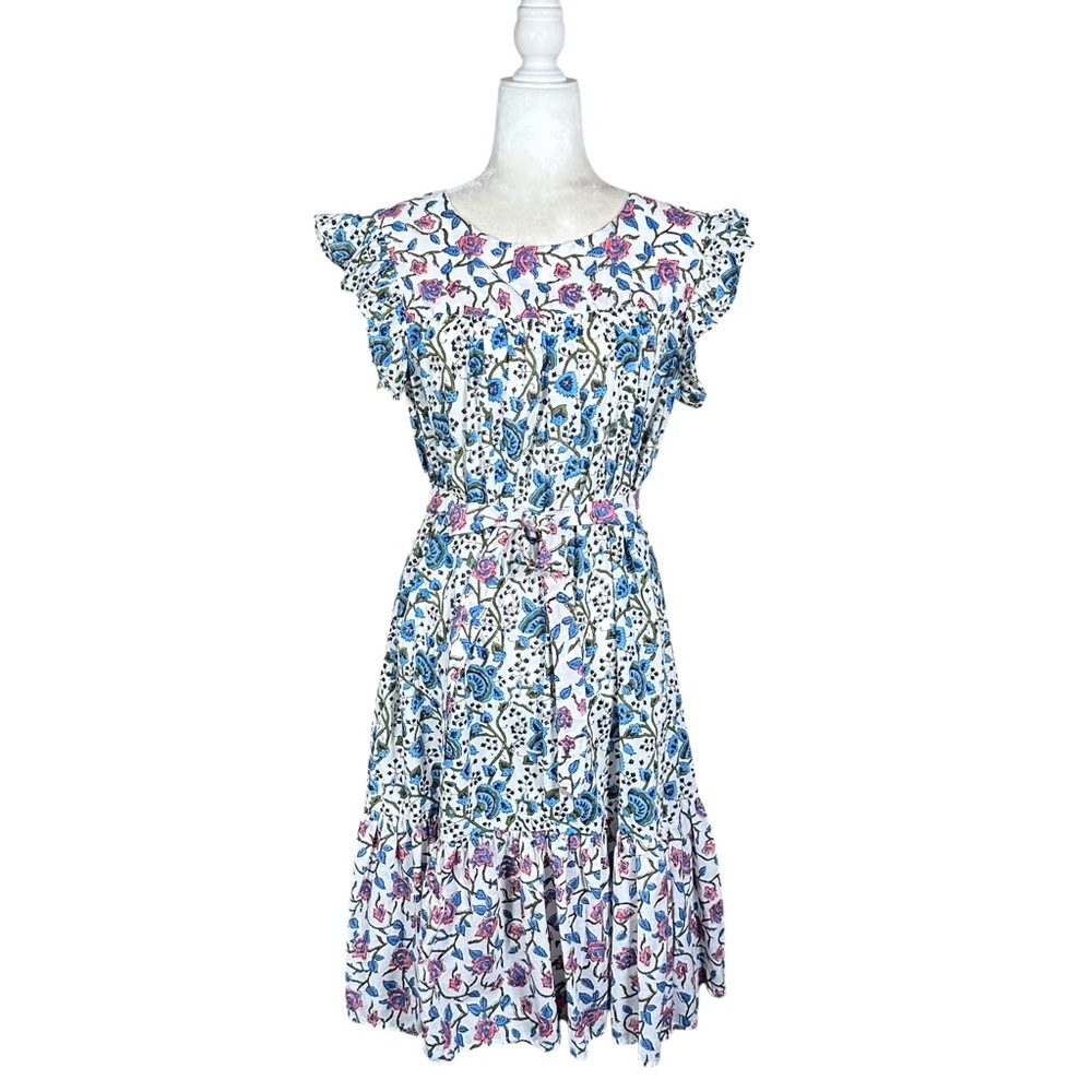 VINTAGE Smocked Floral Tapestry Ruffled Boho Midi Waist Tie Dress